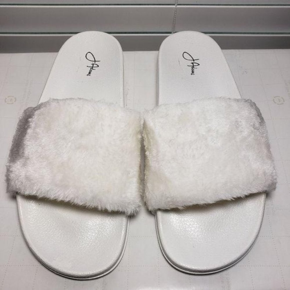 J. Adams White Open Toe Backless Fur Slide Sandals